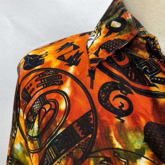 Vintage 90s Y2K Woman Blouse Medium Button Up Orange Boho Peasant Tribal Novelty - Picture 5 of 16